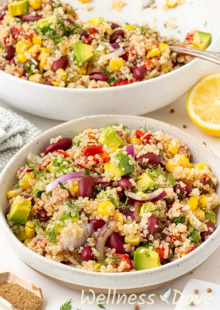 the vegan avocado quinoa salad  in a small bowl, 3/4 angle view