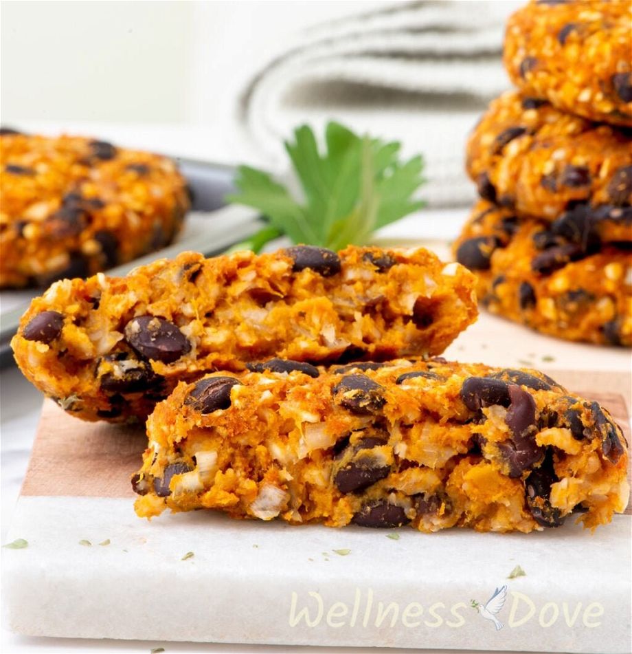 a macro shot of one of the Sweet Potato Black Bean Burgers, split in half