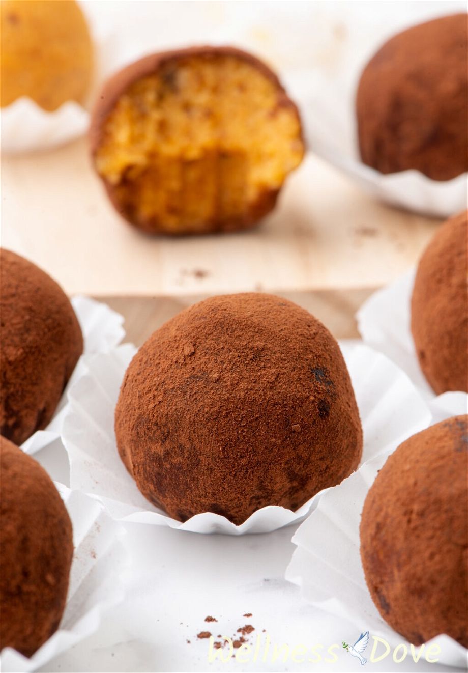 a close-up view of one of  the vegan sweet potato vegan truffles