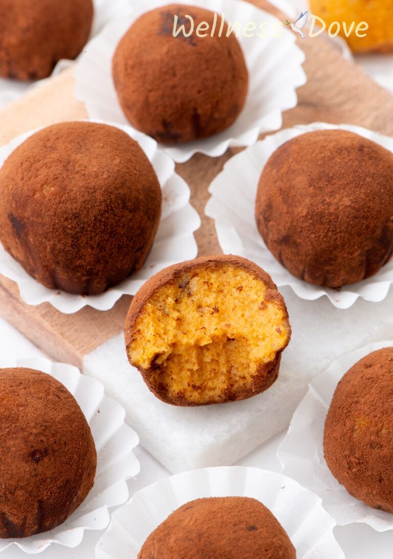 the vegan sweet potato vegan truffles on a wooden board