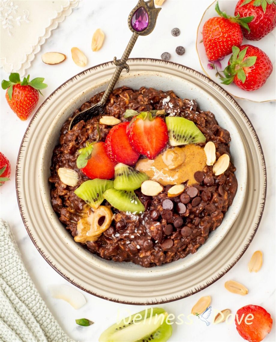 an overhead shot of the  chocolate vegan oatmeal