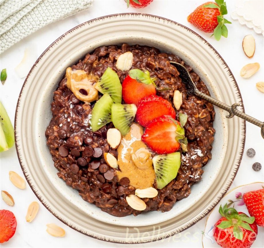 an overhead view of the chocolate vegan oatmeal