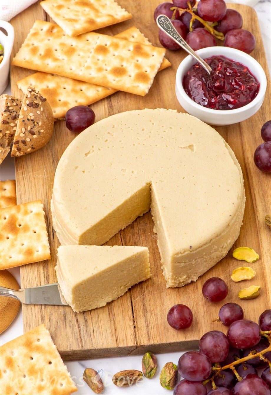 the Vegan Cashew Cheese on a board, shot from afar