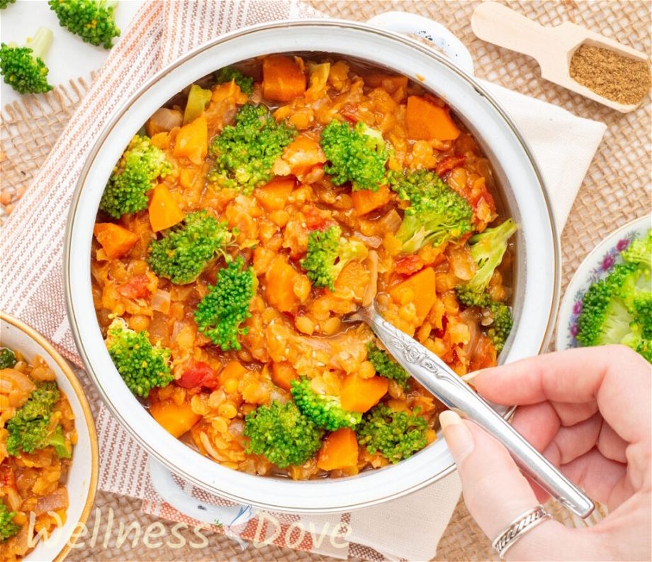 an overhead photo of the Quick Broccoli Red Lentil Vegan Soup in a small pot