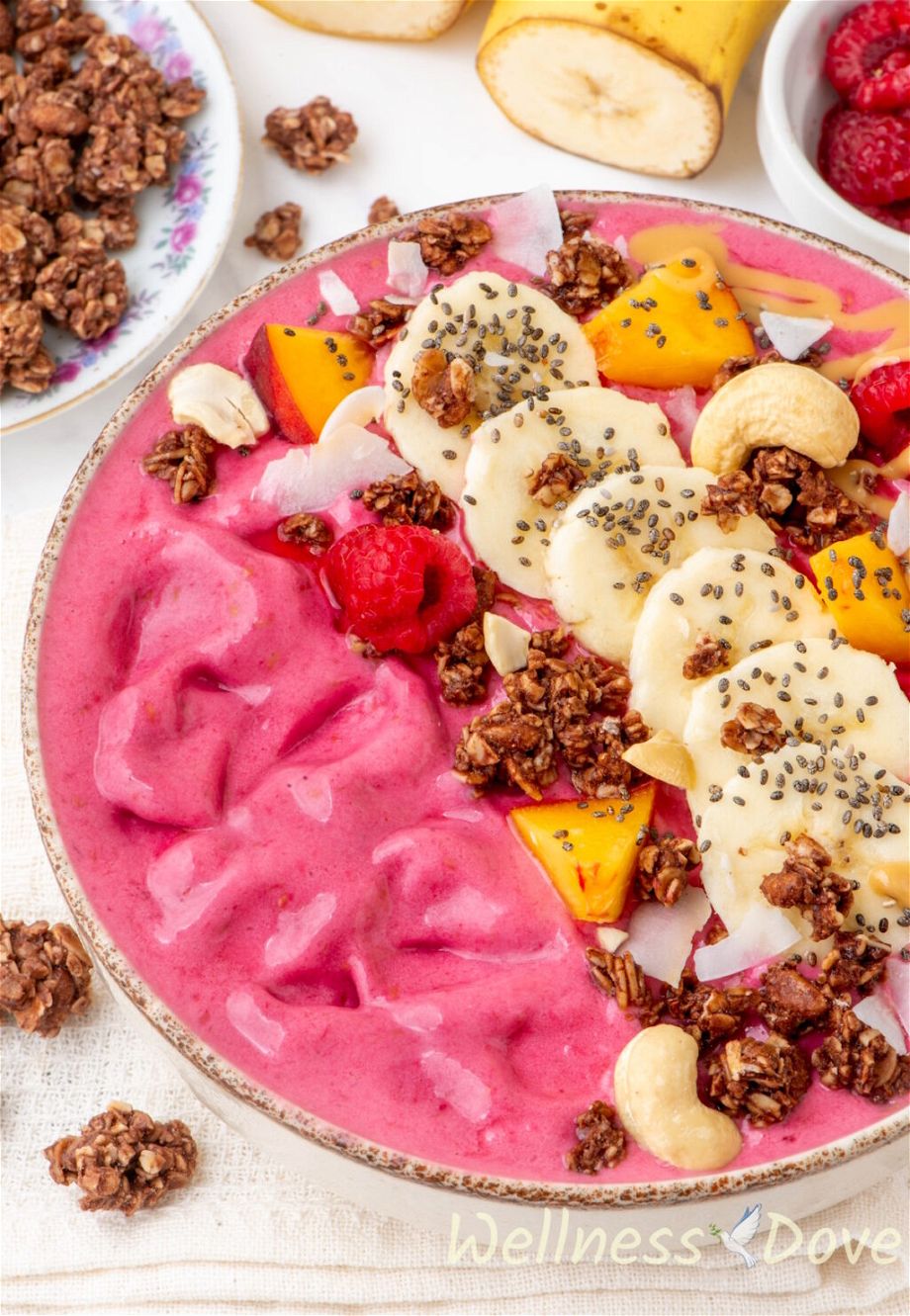 a close up shot of the Raspberry Banana Vegan Smoothie Bowl