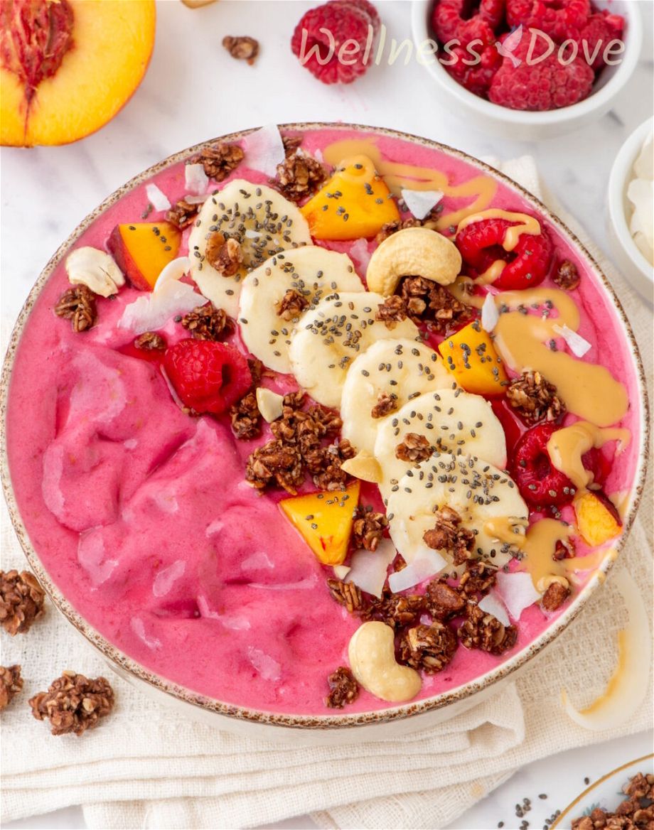 a 3/4 angled shot of the whole Raspberry Banana Vegan Smoothie Bowl