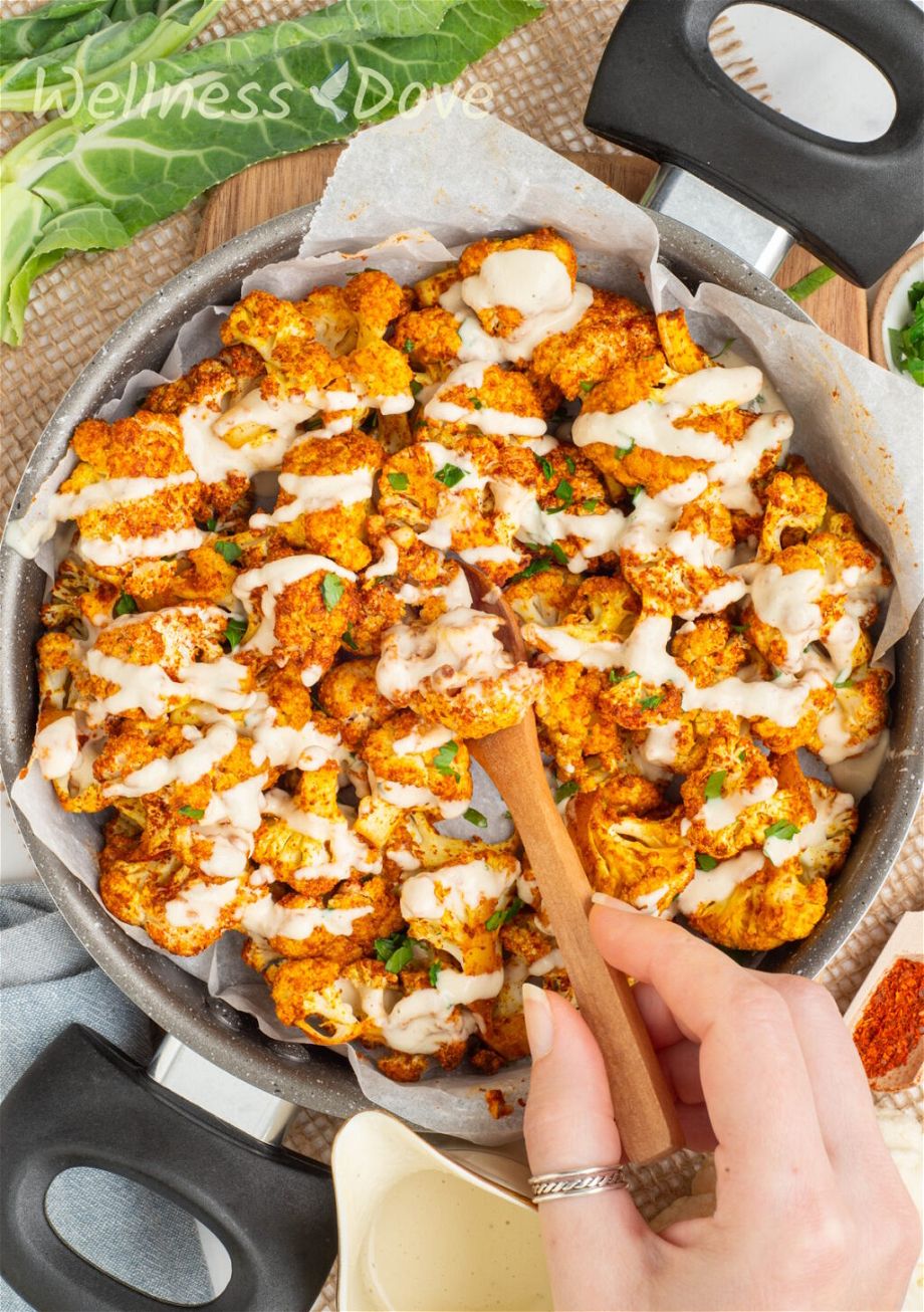 an overhead photo of the Oil-free Oven Roasted Cauliflower in a pan