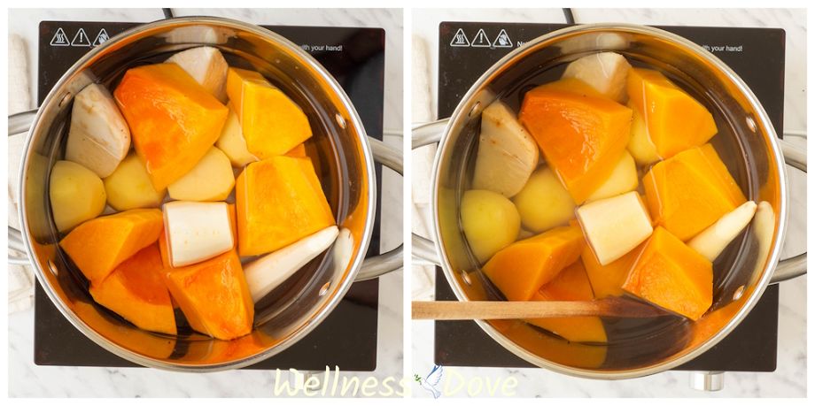 making the Squash & Parsnip Vegan Soup part 1 - boil the veggies