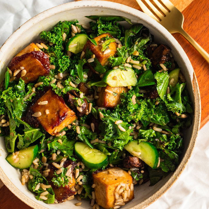 Sesame Miso Kale Salad with Tofu and Basil (vegan) - Avocado Skillet